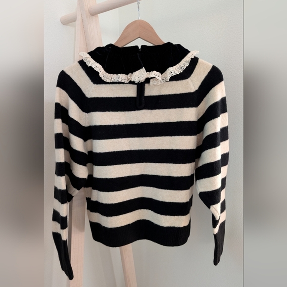 Zara Women's Striped Black and Cream Sweater with Velvet Lace Collar, Sz M - Picture 2 of 8